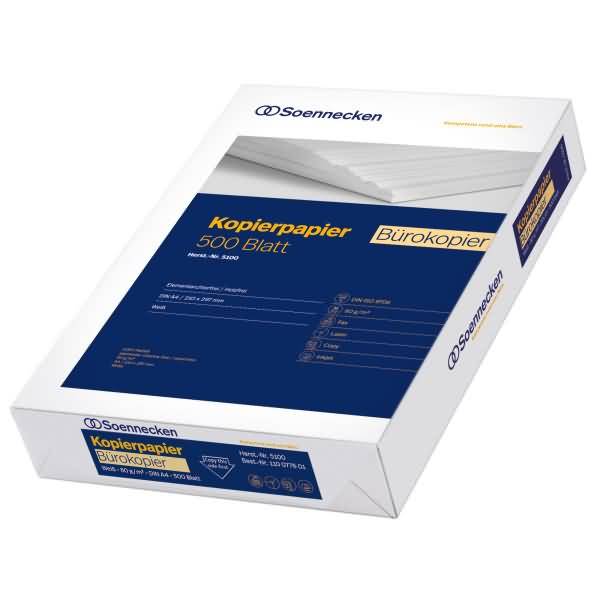 Ein Ries Soennecken Kopierpapier in einer weiß-blauen Packung mit den Aufschriften „Kopierpapier 500 Blatt