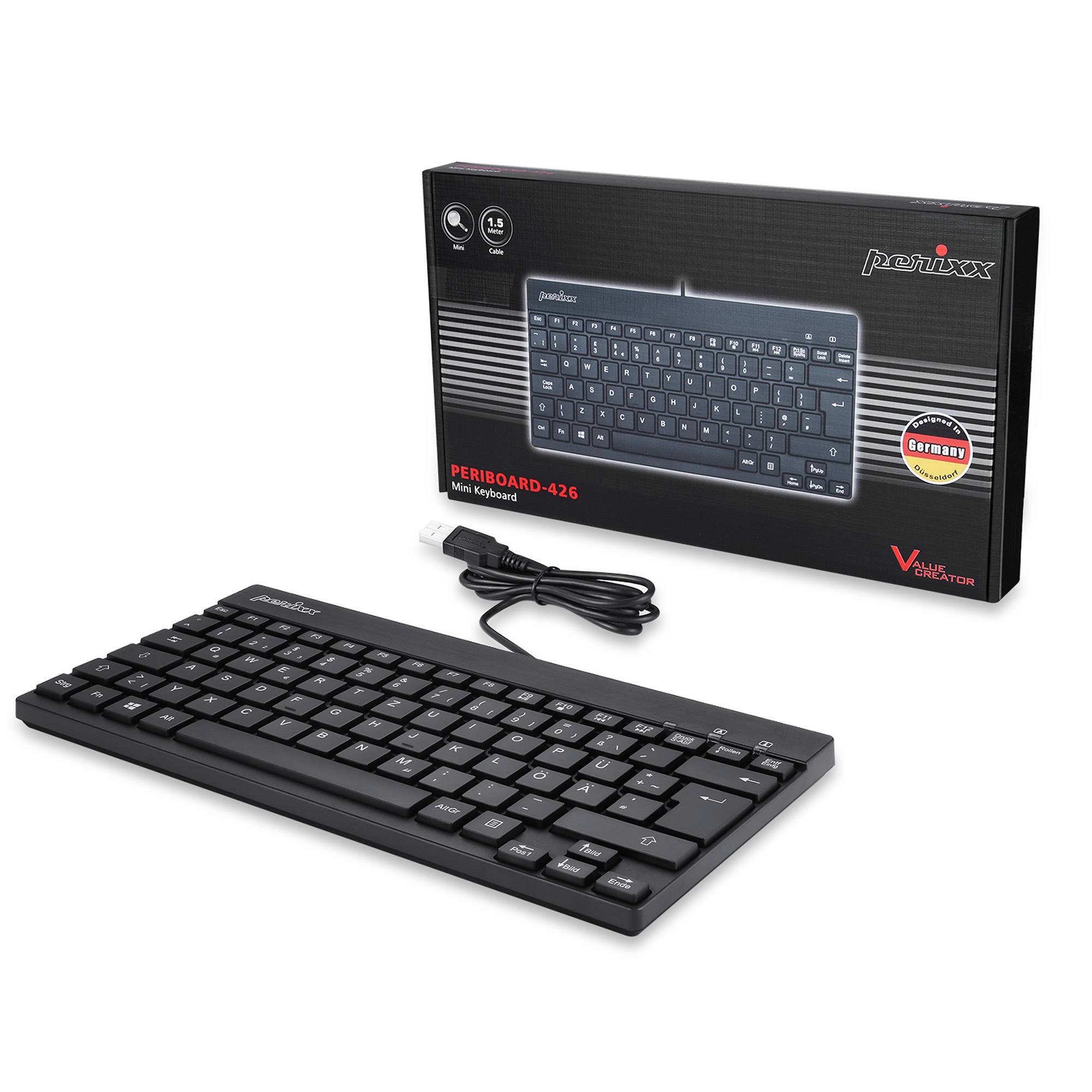 Perixx PERIBOARD-426, DE, kabelgebunden, USB Mini Tastatur mit flachen Tasten Eingabe / Ausgabe &amp;