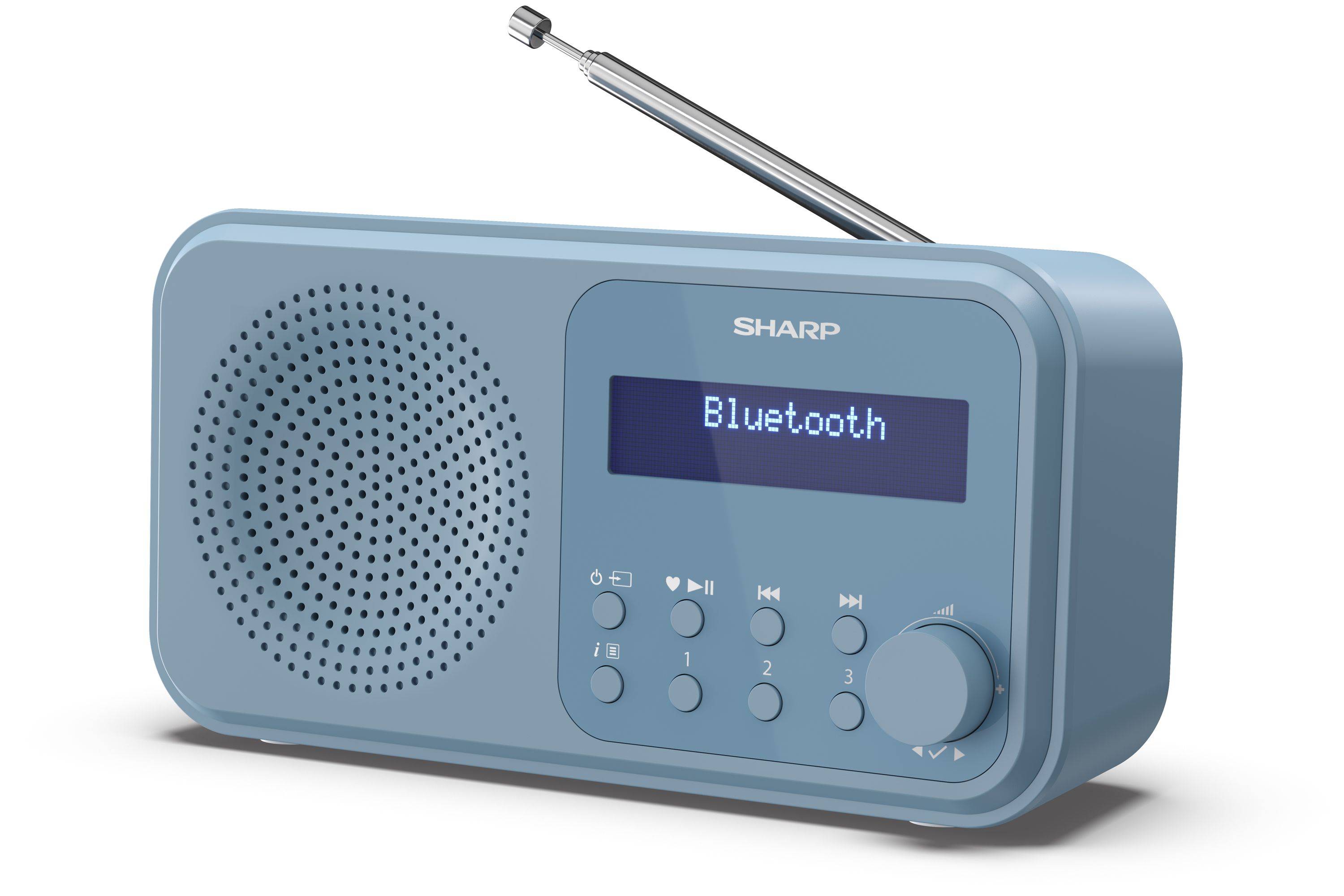 Ein blaues scharfes Radio mit einer Antenne, das auf dem Bildschirm 