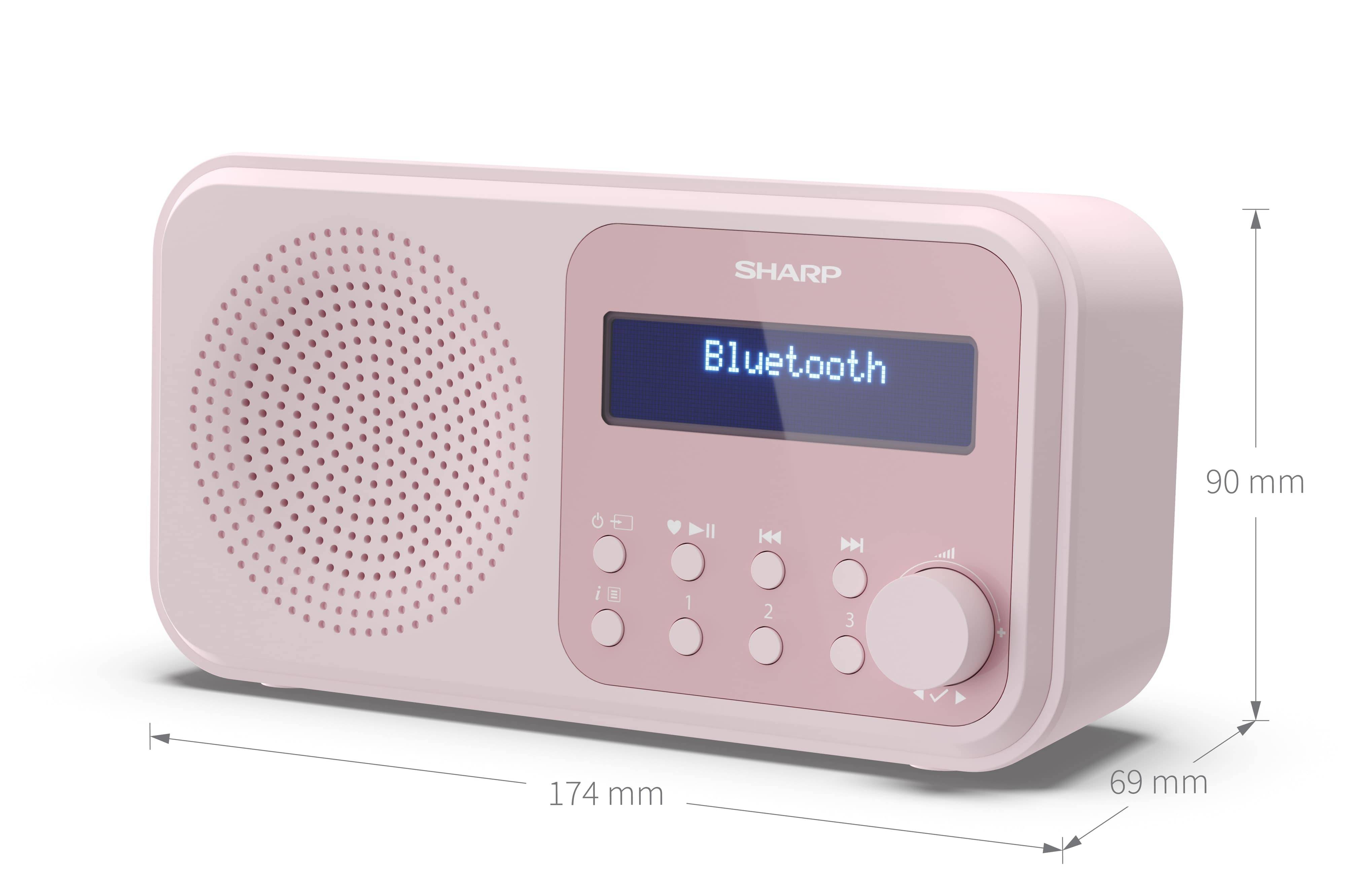 Ein rosa Bluetooth-Lautsprecher mit Bedienungstasten und einem Display.