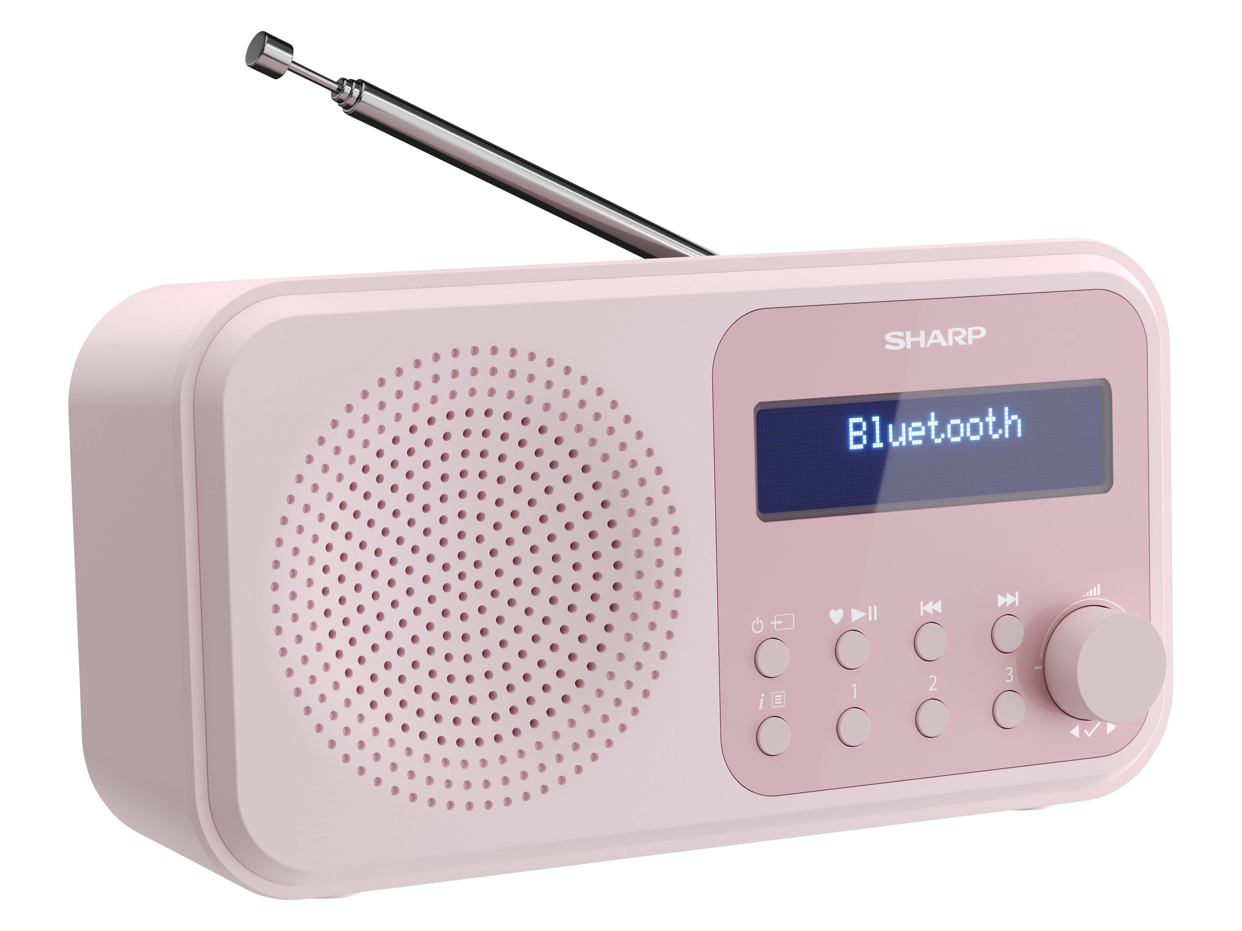 Ein rosa tragbares Radio mit einer ausgefahrenen Antenne zeigt 