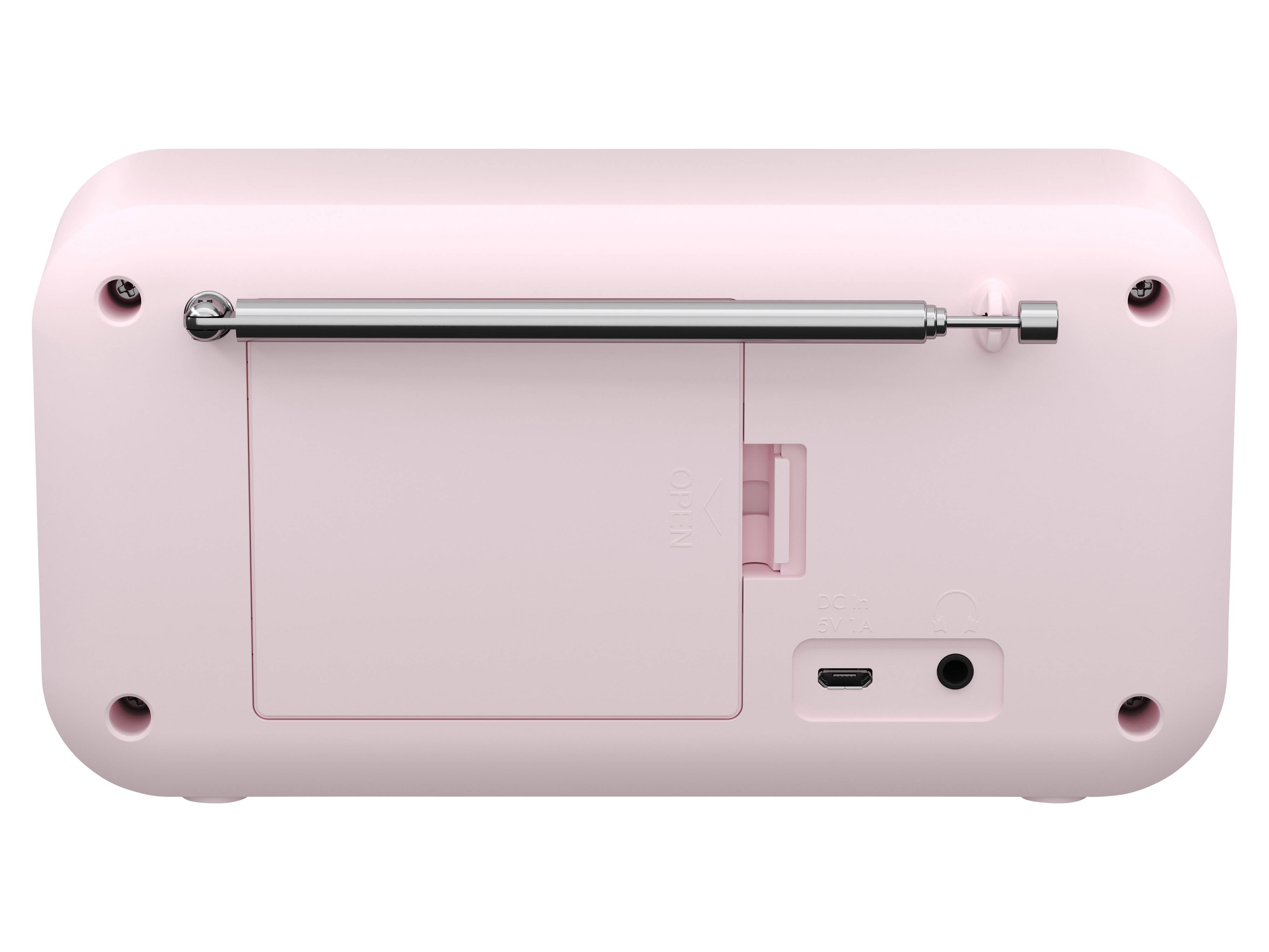 Ein rosa elektronisches Gerät mit einer ausfahrbaren silbernen Antenne, einem mit 