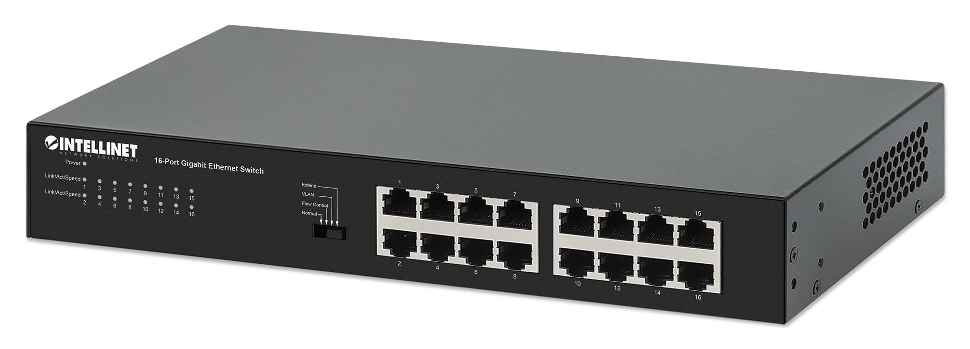 Schwarzer Intellinet 16-Port-Ethernet-Switch mit vorderen Status-LEDs und gruppierten RJ45-Netzwerkports auf grauem Hintergrund.