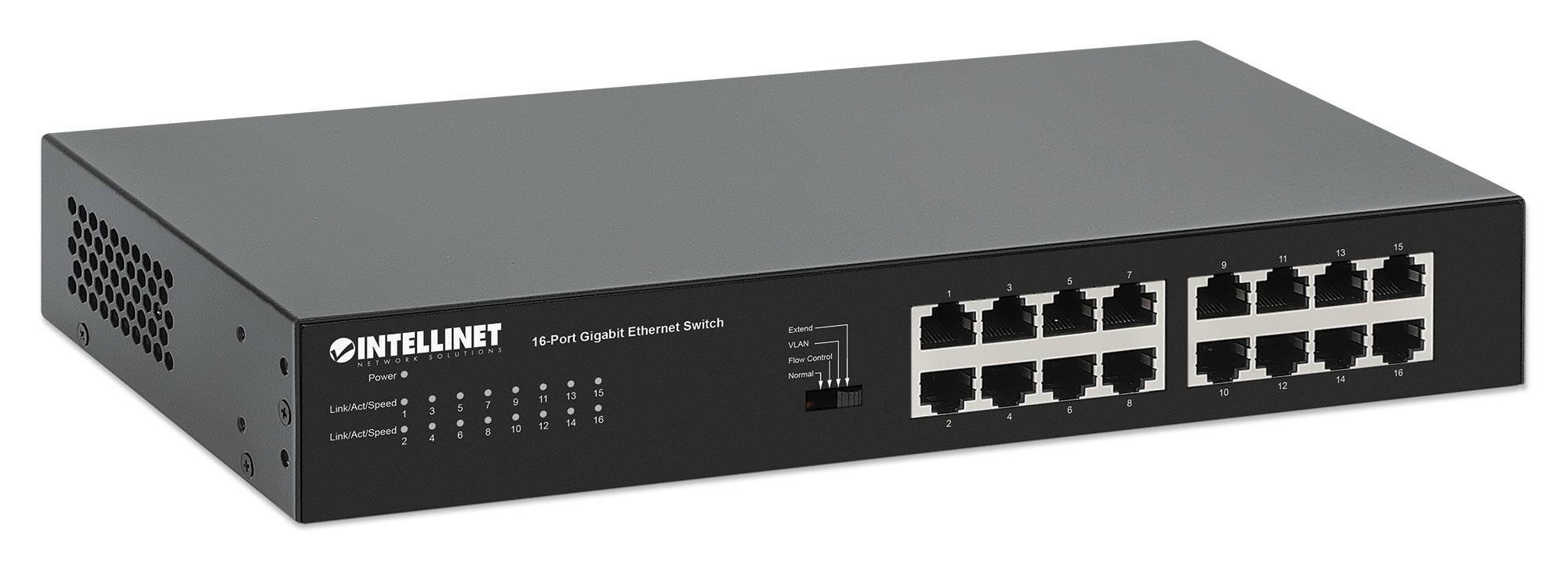 Schwarzer INTELLINET 24-Port-Gigabit-Ethernet-Switch mit Status-LEDs und zwei Reihen von Netzwerkports auf der Frontplatte.