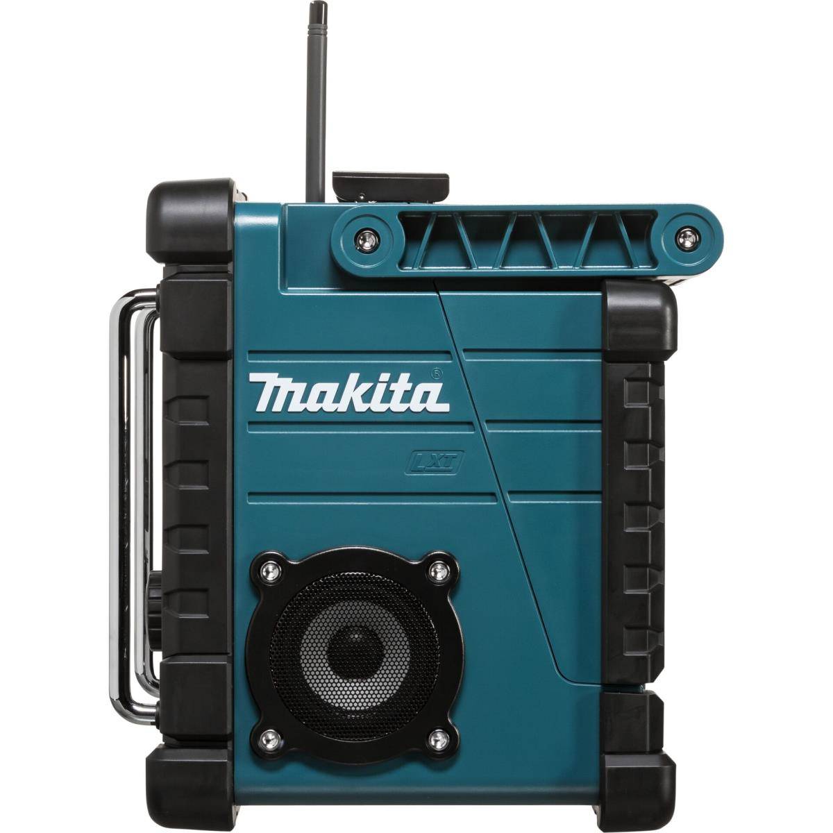 Tragbares Makita-Baustellenradio in Blaugrün und Schwarz mit Antenne, Griff und Frontlautsprecher auf weißem Hintergrund.