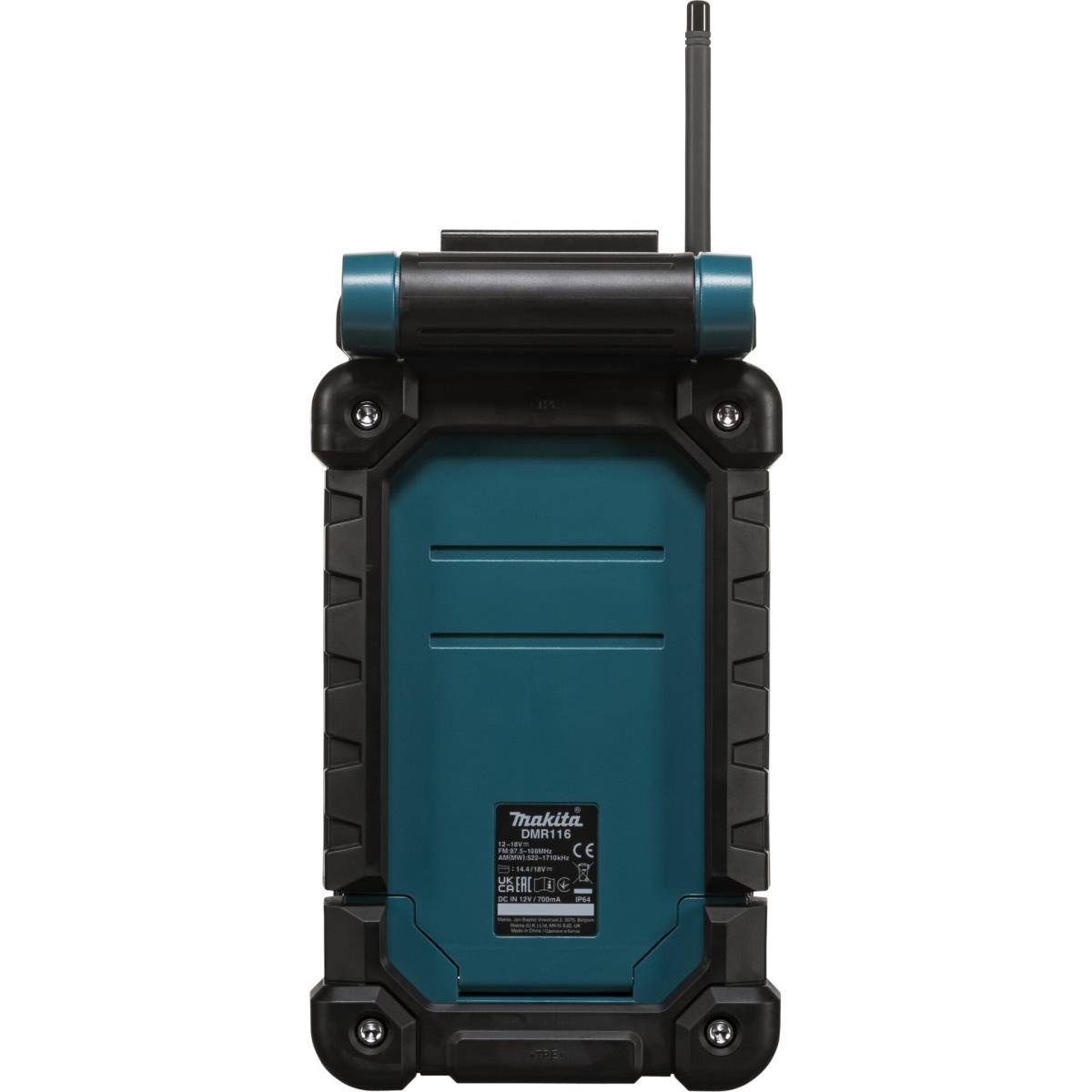 Blau-schwarzes robustes tragbares Funkgerät mit Antenne, Vorderansicht auf weißem Hintergrund dargestellt.