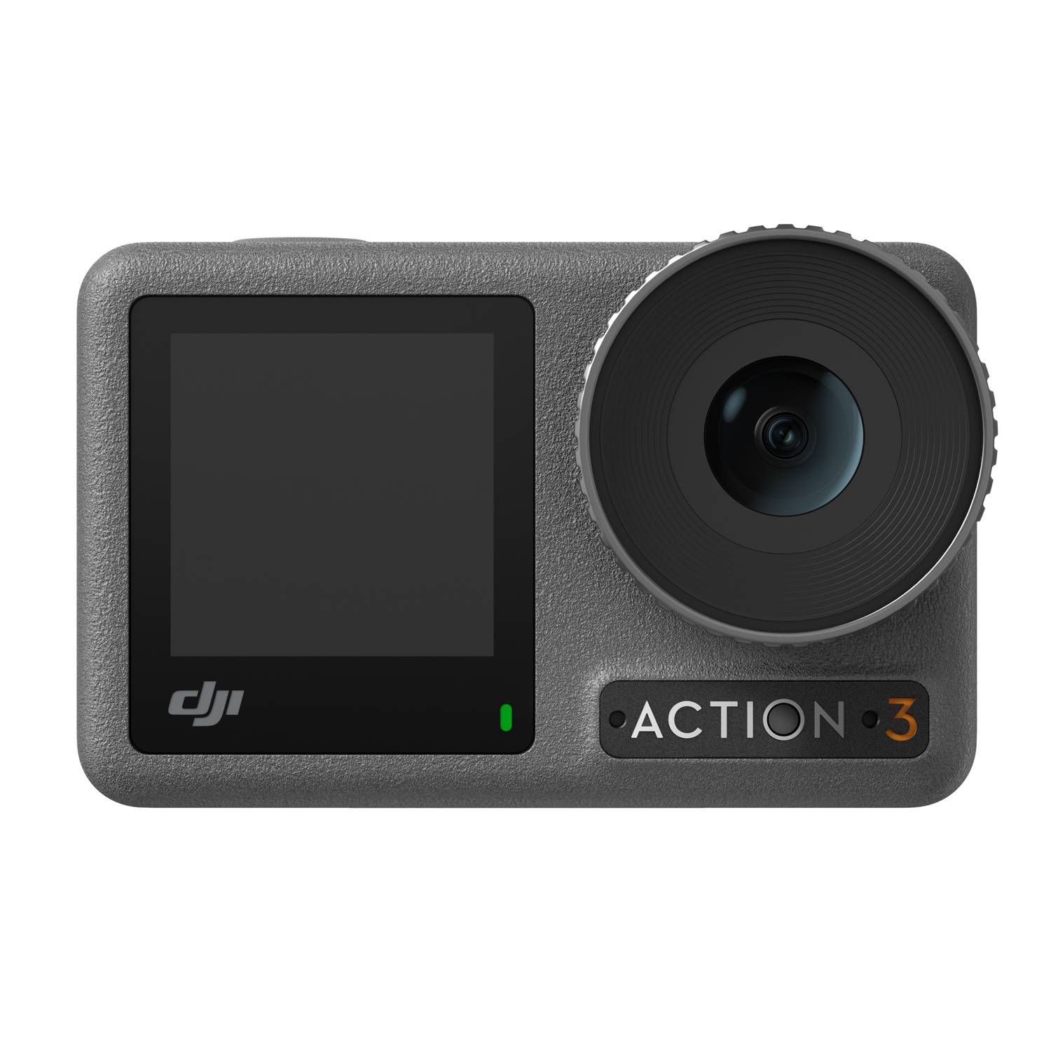 Frontansicht einer DJI Action 3 Actionkamera mit großem Objektiv, leerem Bildschirm und Modellbezeichnung auf weißem Hintergrund.