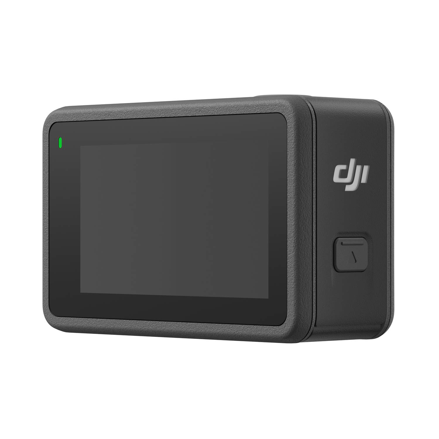Schwarze DJI-Actionkamera mit Frontbildschirm, grüner Statusleuchte und Seitentaste auf weißem Hintergrund.