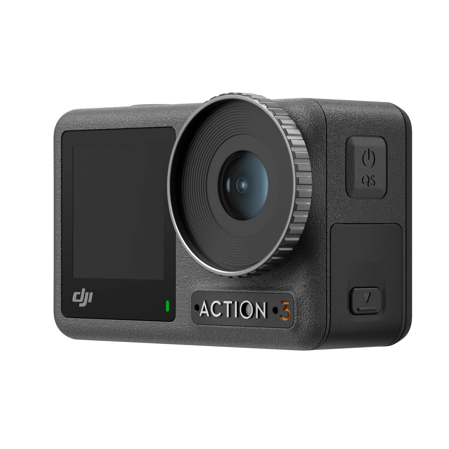 Schwarze DJI Action 3 Actionkamera in Vorderansicht auf weißem Hintergrund, mit großem Objektiv, Bildschirm und Bedientasten.