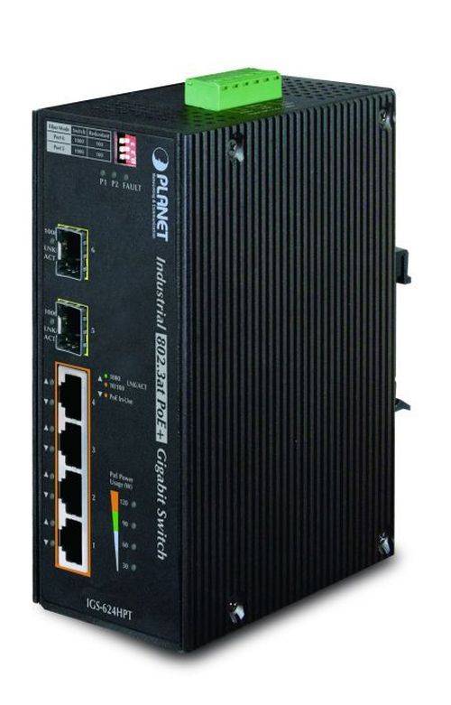 Planet Industrial Gigabit Switch IGS-624HPT, 4 Port PoE, 2 Port SFP