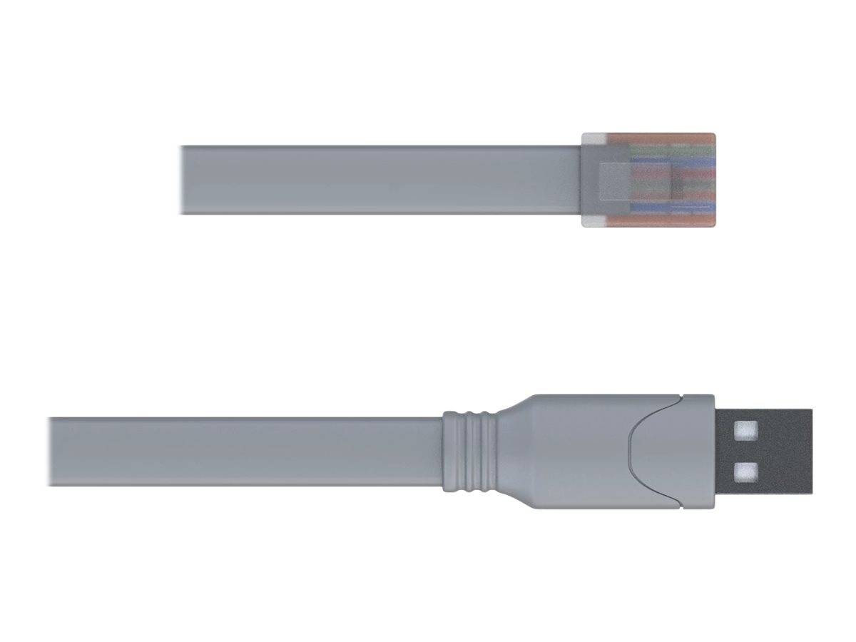 Illustration zweier Stecker: oben ein kleiner modularer Stecker und unten ein USB-A-Kabelstecker.