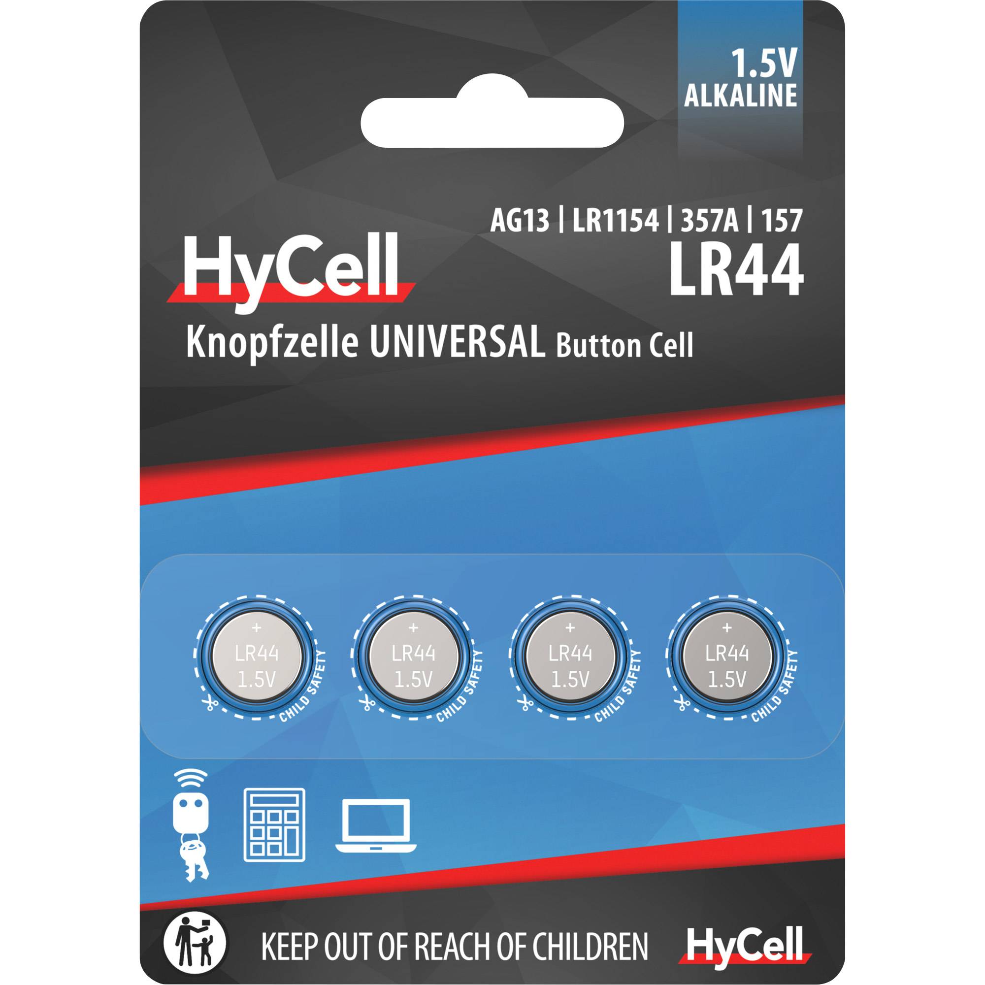 HyCell LR44 1,5V Alkali-Knopfzellenbatterien-Pack mit vier Batterien, gekennzeichnet als AG13/LR1154/357A/157, und einer Warnung vor Aufbewahrung außerhalb der Reichweite von Kindern.