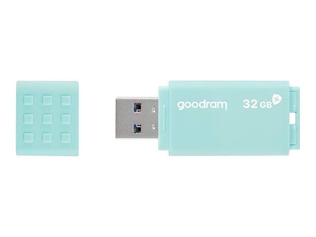 Mintgrüner USB-Stick mit abgenommener Kappe, der den Metallstecker und das Etikett „goodram 32 GB