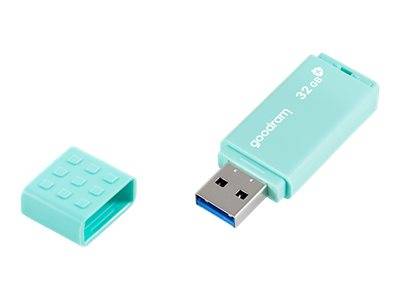 Türkisfarbenes 32-GB-USB-Flash-Laufwerk mit abnehmbarer Kappe, offen vor weißem Hintergrund abgebildet.