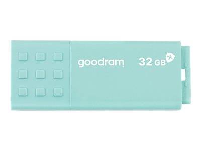 Ein USB-Speicherstick von Goodram mit 32 GB Speicher in Mintgrün mit strukturierter Griffoberfläche und abgenommenem Schutzdeckel, dargestellt auf weißem Hintergrund.