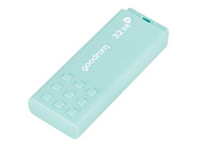 Mintgrünes 32-GB-USB-Speicherlaufwerk mit "goodram""-Branding auf weißem Hintergrund dargestellt.