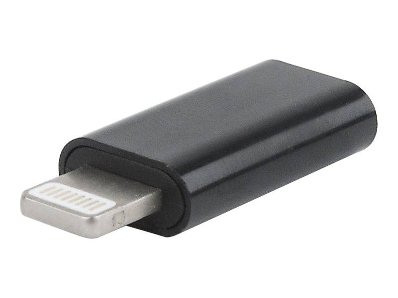 Ein Nahaufnahme-Bild eines schwarzen Lightning- zu USB-Adapters, der sein metallisches Anschlussende zeigt.