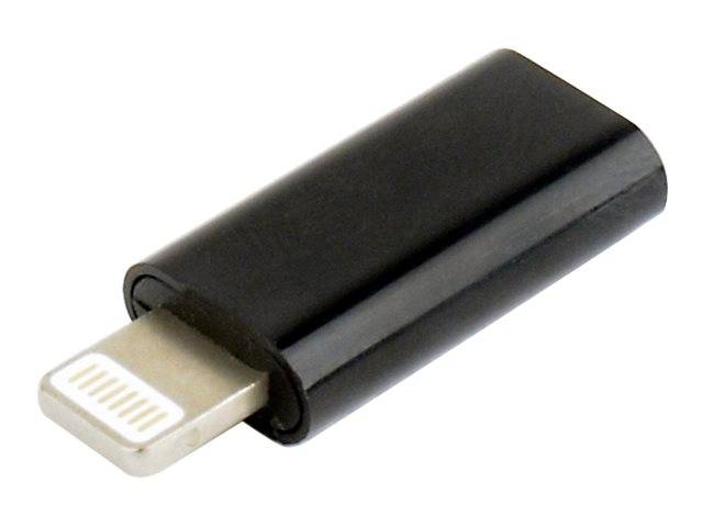 Ein schwarzer USB-C zu Lightning-Adapter, der zum Anschluss von Apple-Geräten an USB-C-Anschlüsse verwendet wird.