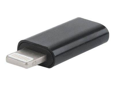 Eine Nahaufnahme eines schwarzen USB-C-zu-Lightning-Adapters, der seine Anschlüsse zeigt.