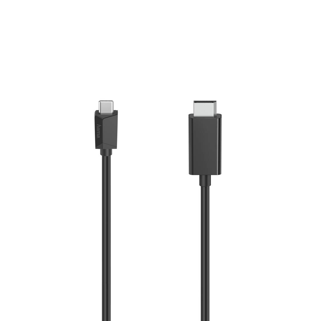 Schwarzes USB-C-Kabel mit USB-C-Stecker an beiden Enden vor weißem Hintergrund dargestellt.