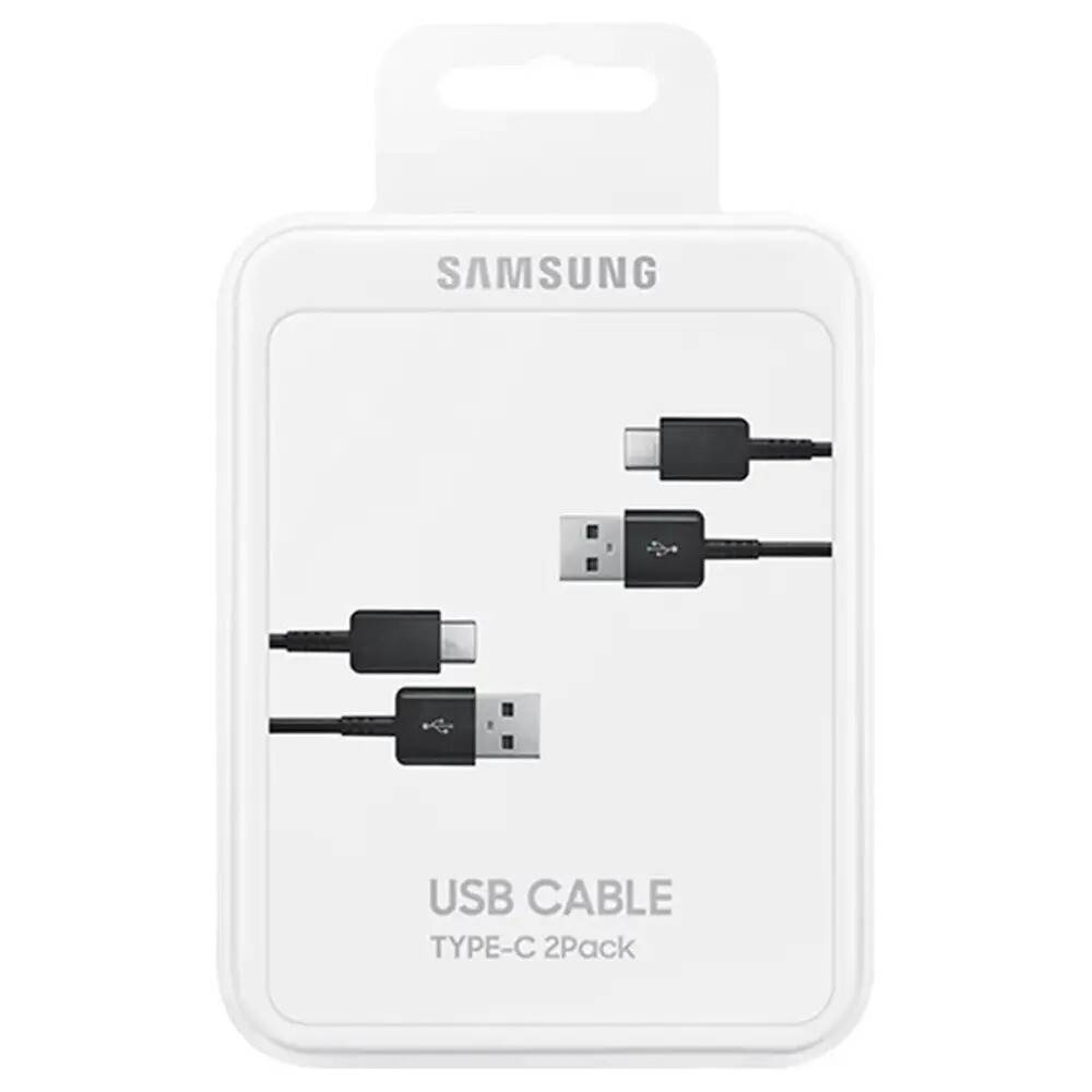 Samsung USB-Kabel Typ-C 2er-Pack in transparenter Einzelhandelsverpackung, mit zwei schwarzen USB-C-Kabeln auf der Vorderseite abgebildet.