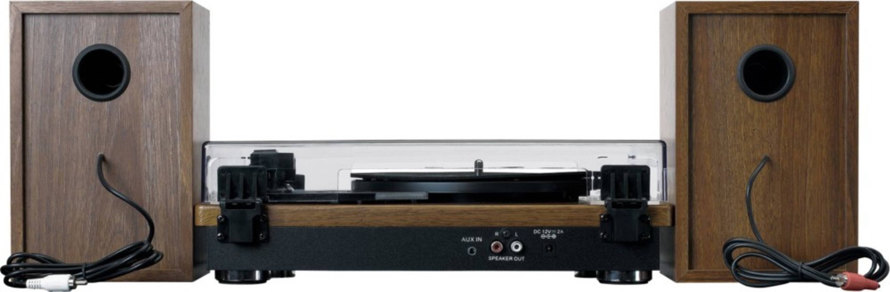 Plattenspieler-Rückansicht mit AUX IN-, Lautsprecher-Ausgang und DC-Eingangsanschlüssen.