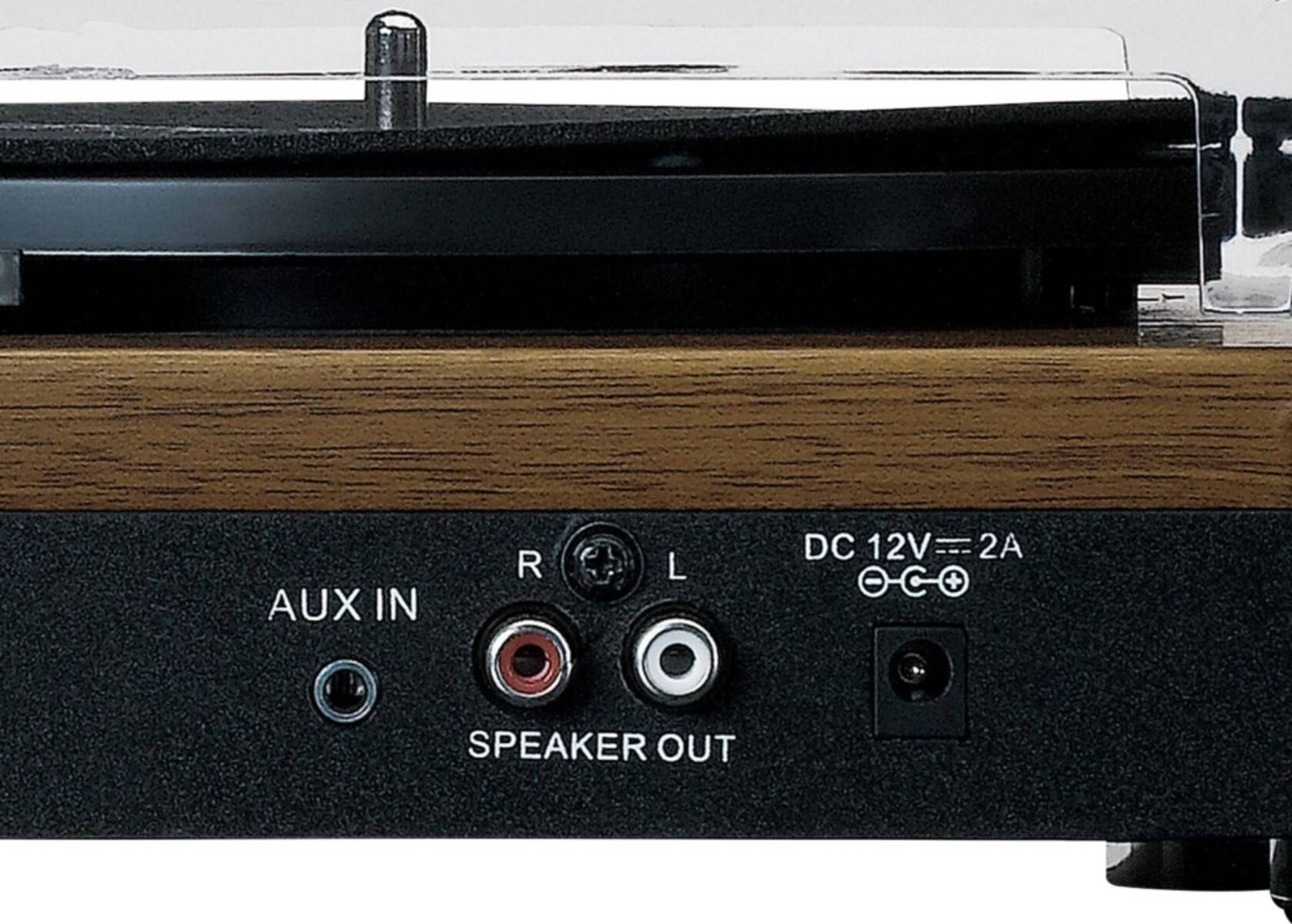 Nahaufnahme des Anschlussfelds eines Lautsprechers mit AUX IN, rechtem und linkem Lautsprecherausgang sowie DC 12V-2A Stromeingang an einem holzmaserungstexturen Gerät.