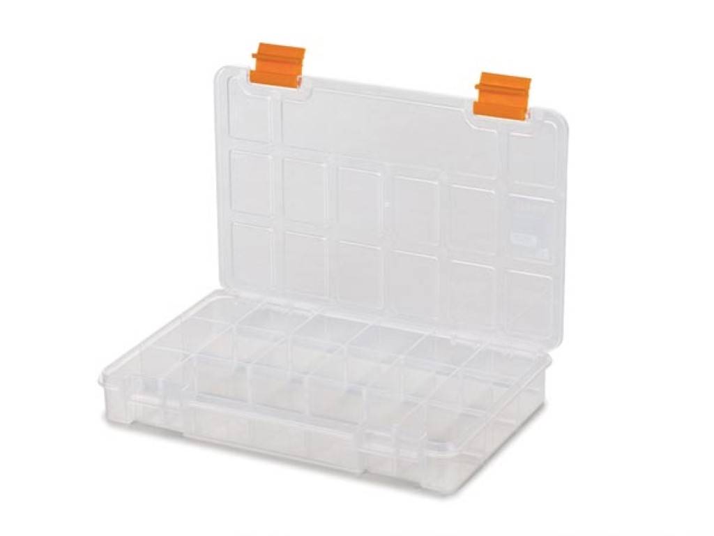 Perel Sortimentskasten, 15 feste Fächer, stapelbar, 230 x 150 x 33 mm, transparent/Gelb