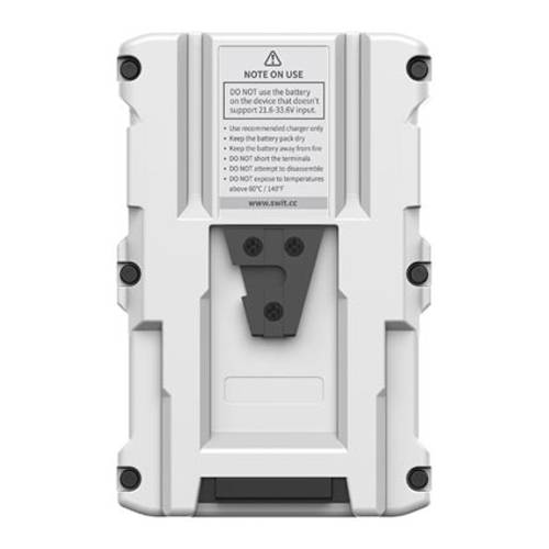 Weißes rechteckiges Gerät mit zentralem Ausschnitt und schwarzer Montageklammer. Ein Etikett oben mit Sicherheitsanweisungen zur Batterienverwendung.