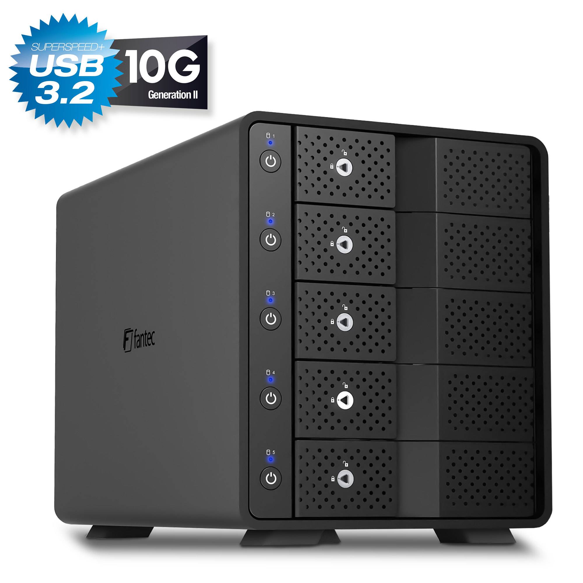 Externes Festplattengehäuse mit mehreren Laufwerkschächten, USB 3.2 10G Generation II Unterstützung, mit Darstellung der Einschalttasten und Belüftungsdesign.