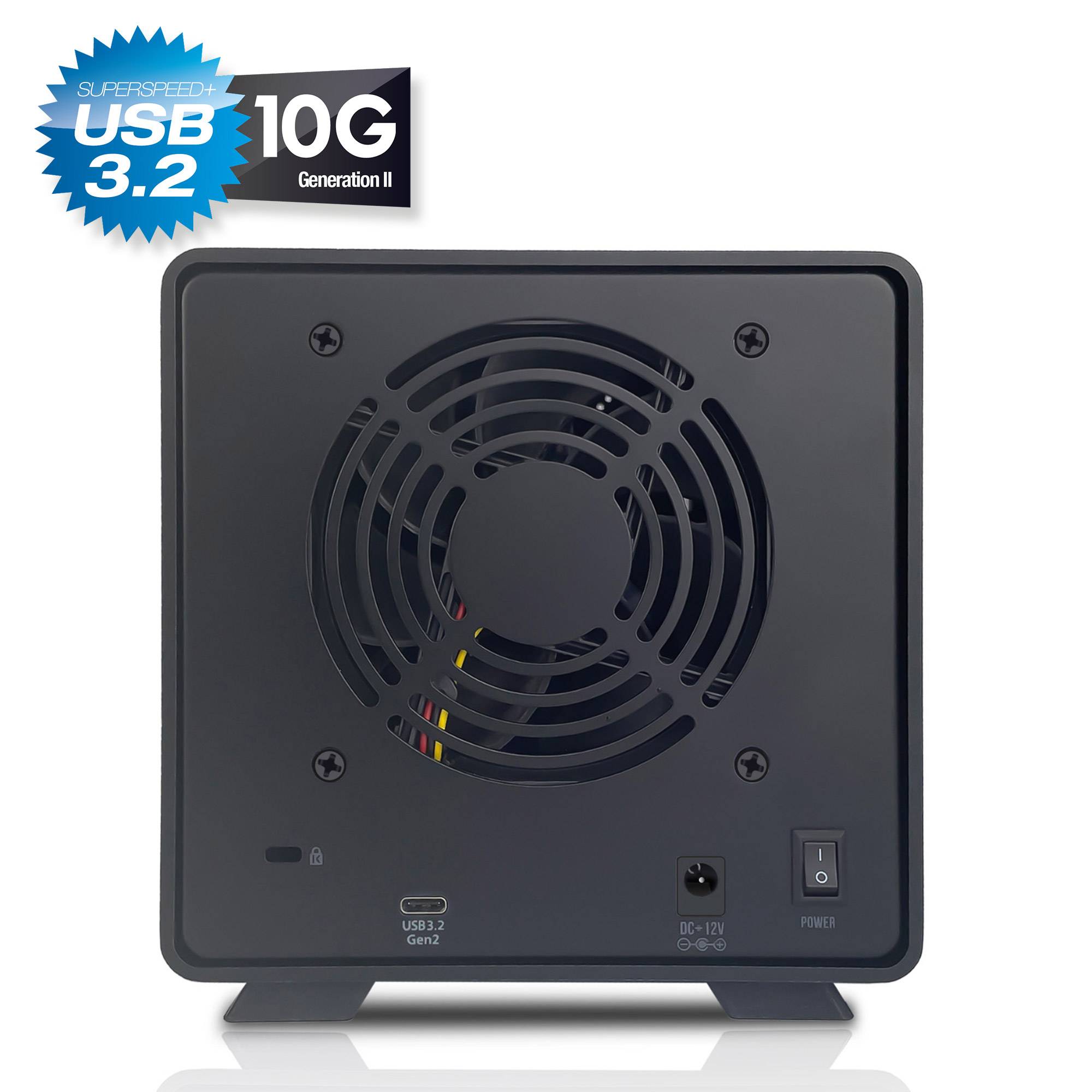 Schwarzes externes Festplattengehäuse mit großem Kühlventilator, USB-3.2-Gen-2-Anschluss, DC-Stromeingang und Netzschalter; Badge mit Aufschrift „USB 3.2 10G Generation II
