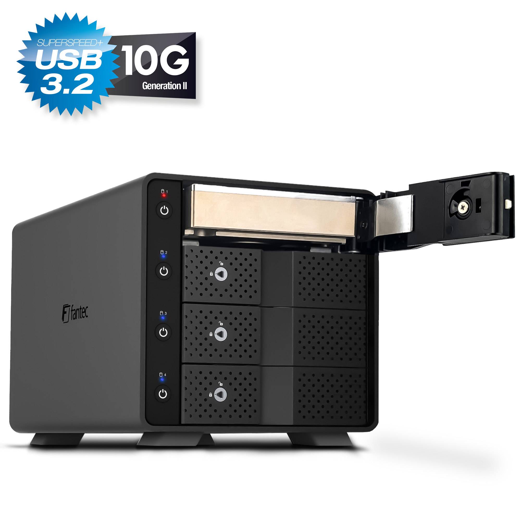 Vierschacht schwarzes Desktop-Speichergehäuse mit offener Antriebsschublade, beschriftet mit „SuperSpeed USB 3.2 10G Generation II