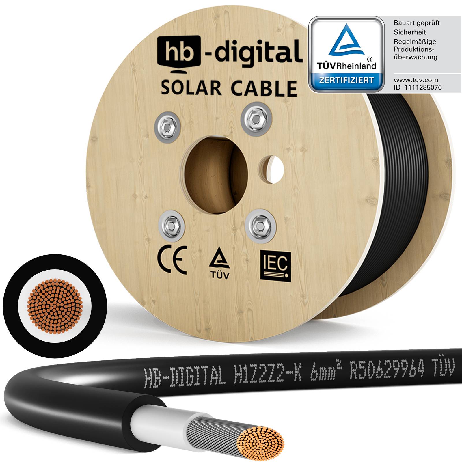 Eine Holzspule mit der Aufschrift „hb-digital SOLAR CABLE