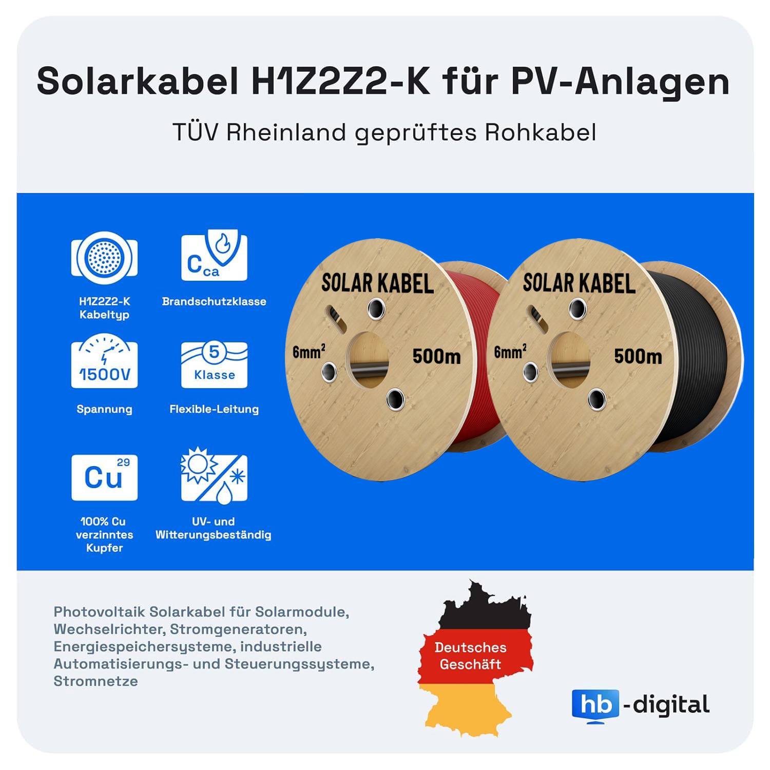 hb-digital Solarkabel 6mm2 H1Z2Z2-K PV Kabel 200m für Solaranlagen schwarz