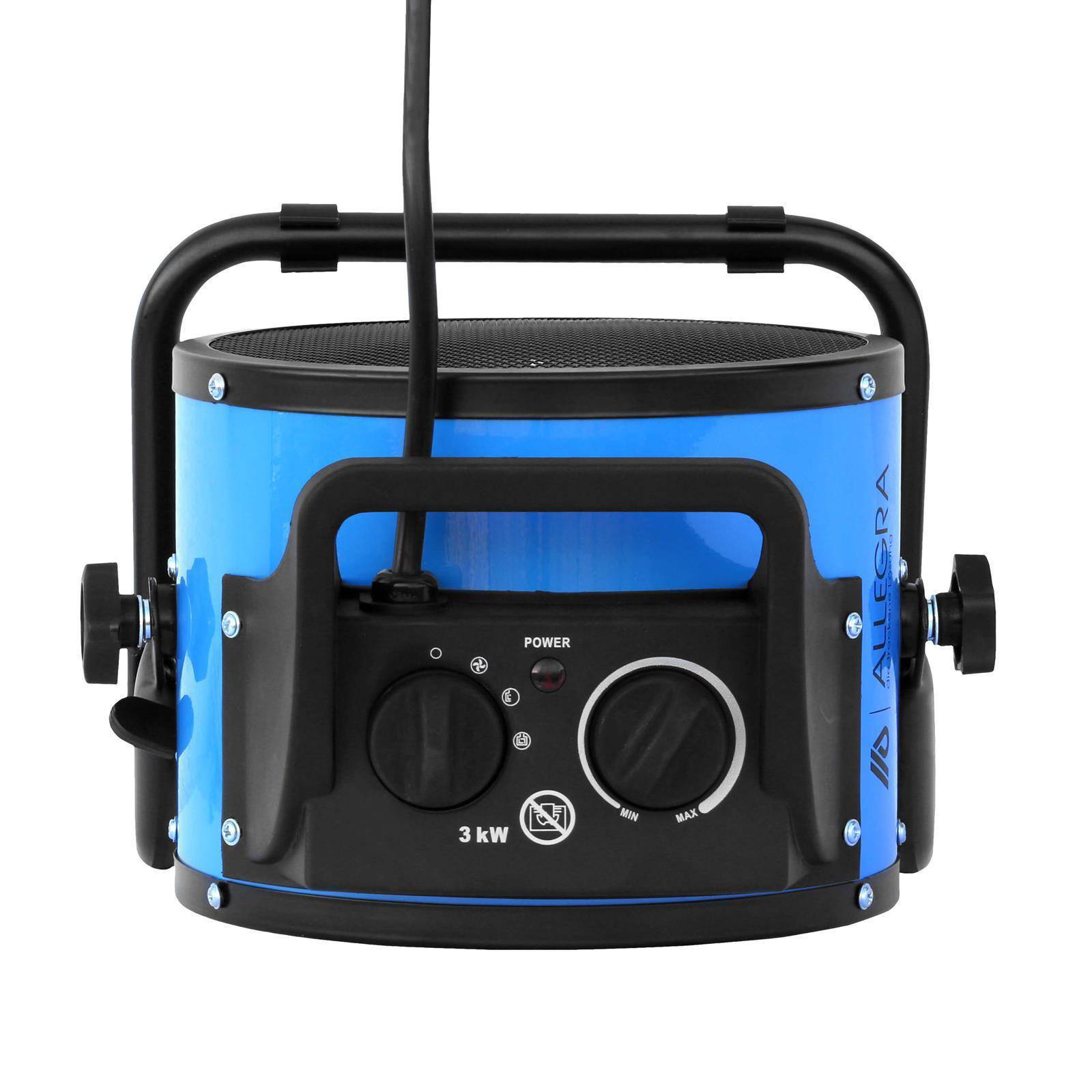 Tragbarer blauer 3-kW-Elektroheizer mit Griff, Stromkabel und vorderen Bedienknöpfen auf weißem Hintergrund.