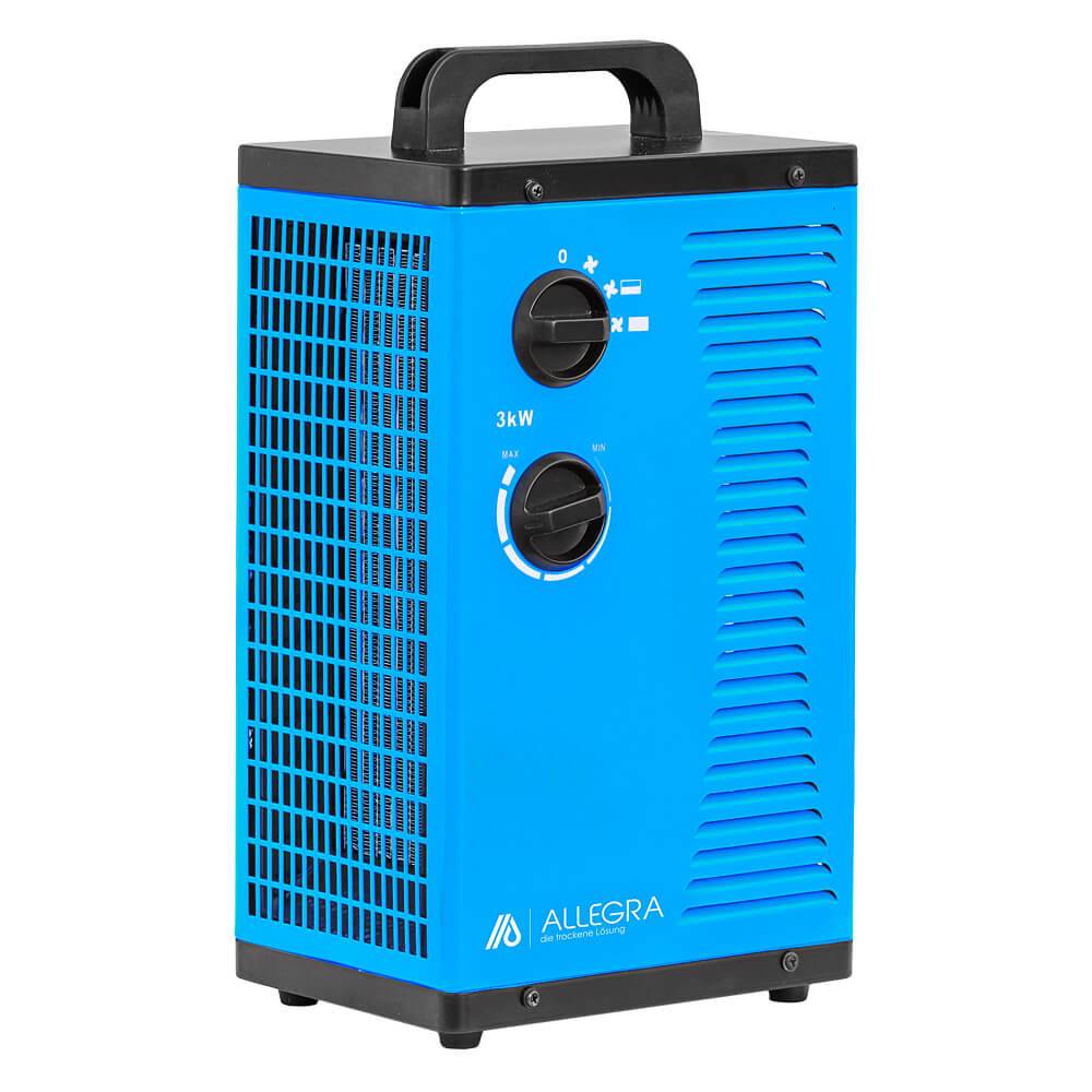 Tragbarer blauer 3-kW-Elektroheizer mit schwarzem Griff, zwei Bedienreglern und belüfteten Seiten, gezeigt auf weißem Hintergrund.