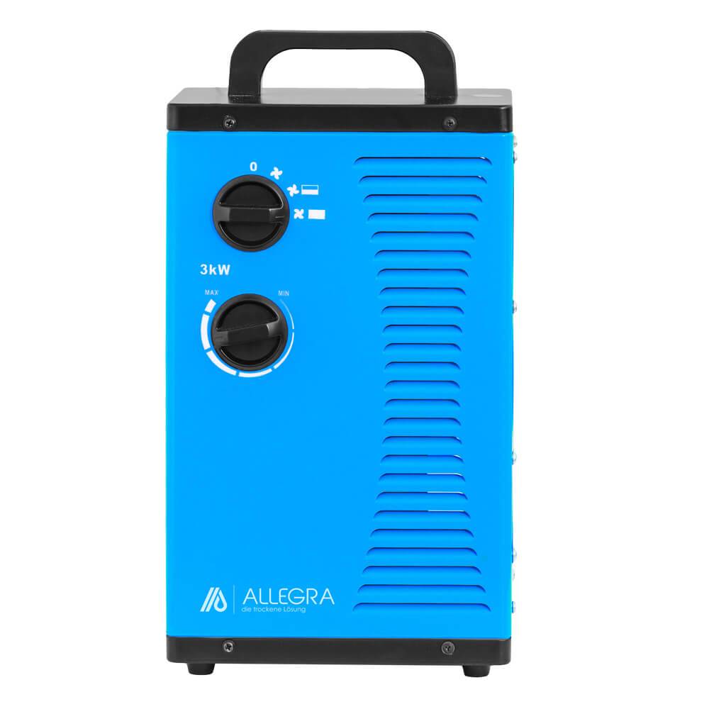 Blauer ALLEGRA 3kW Elektroheizer mit zwei Stellschaltern, oberer Griff und vorderen Lüftungsschlitzen auf weißem Hintergrund.