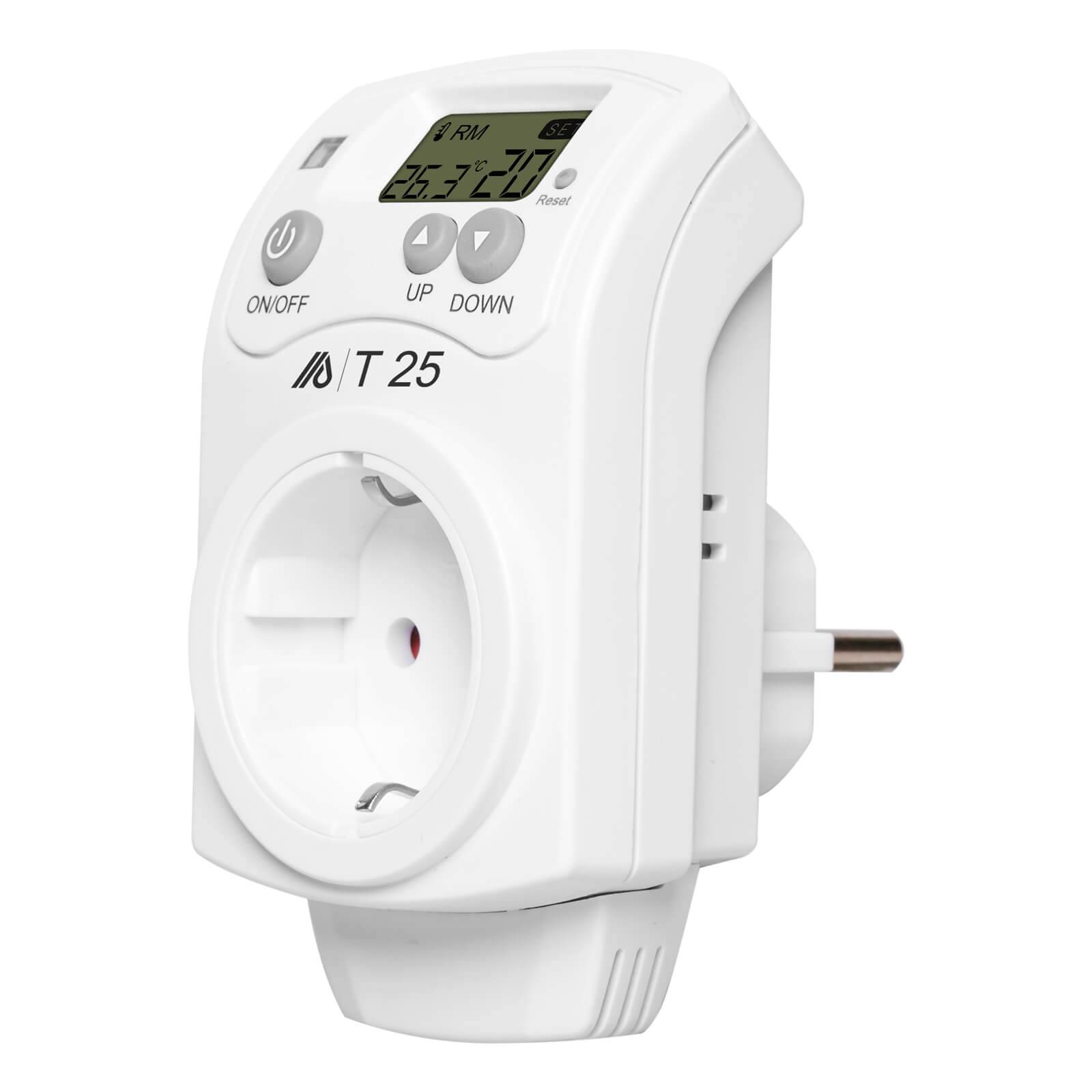Weißer Digital-Timer-Steckdosenadapter mit LCD-Display und EIN/AUS-, UP-, DOWN-Tasten, Modell T25.