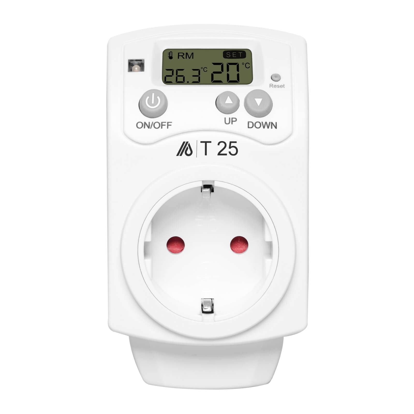 Weißer programmierbarer digitaler Thermostat-Stecker mit LCD-Display, ON/OFF-, UP-, DOWN- und Reset-Tasten, zeigt 26,3°C und 20°C an, gekennzeichnet als T25.
