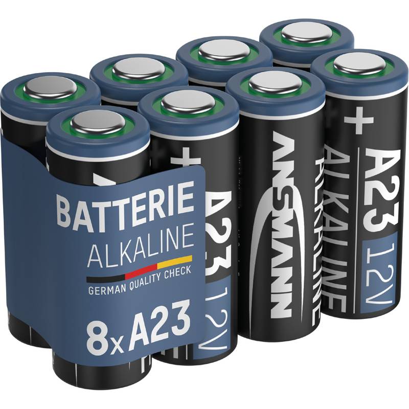 Packung mit acht A23 12V Alkaline-Batterien, gekennzeichnet mit 'German Quality Check', in zwei Reihen zu je vier Batterien gestapelt.