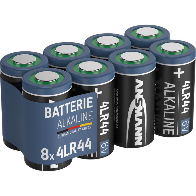 Alkaline-Batterien 4LR44, 6V, im Achtererpack, entwickelt für hochenergetische Geräte, Marke zeigt ein deutsches Qualitätskontrolletikett.