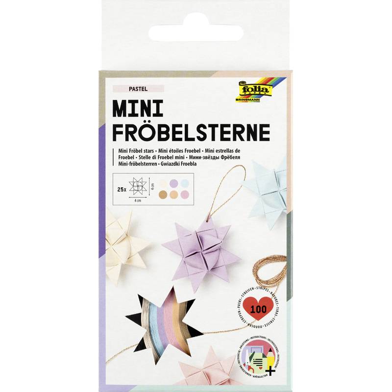 Packung mit 'Mini Fröbelsterne' zum Sternebasteln, enthält 25 Streifen in Pastellfarben. Mit fünf Sternillustrationen und Werkzeugen.