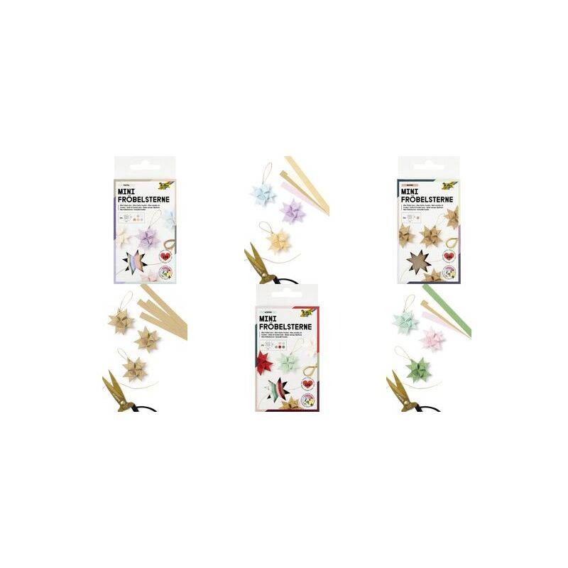 Drei Bausätze zum Herstellen von Froebel-Sternen, jeweils mit Papierstreifen, Sternenbildern und Verpackung. Die Bausätze sind für das Basteln dekorativer Sterne konzipiert.