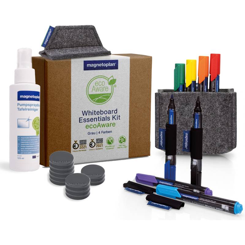 Whiteboard-Essentials-Set ecoAware mit Reinigungsspray, Filzorganizer, Markern, Radierer und Zubehörscheiben in einer Box.