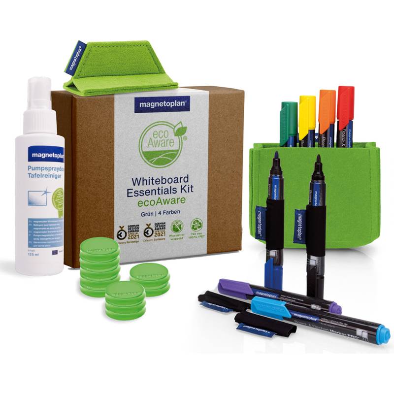Whiteboard-Essentials-Set mit Reinigungsspray, Trochentuchtuch, Markierhalter, farbigen Trockenmarker und Magneten.