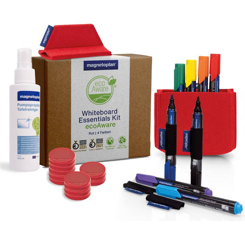 Magnetoplan Whiteboard Essentials Kit ecoAware mit Reinigungsspray, Radierer, roten Pads, Markern und Stiften auf weißem Hintergrund.