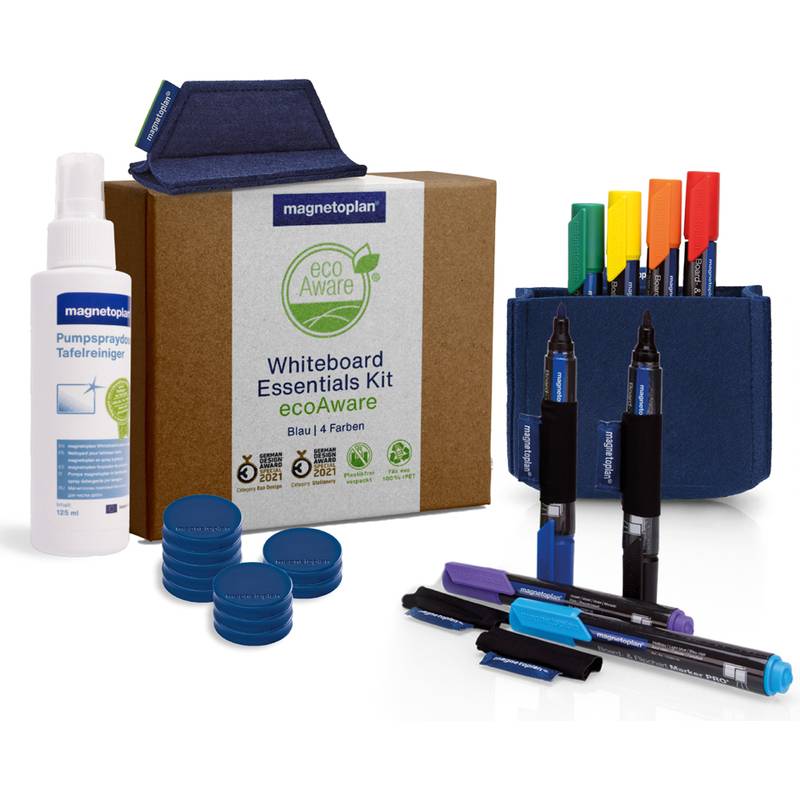 Whiteboard-Essentials-Set mit Reinigungsspray, Aufbewahrungstasche, Markern und Zubehör verpackt in einer magnetoplan ecoAware Box.