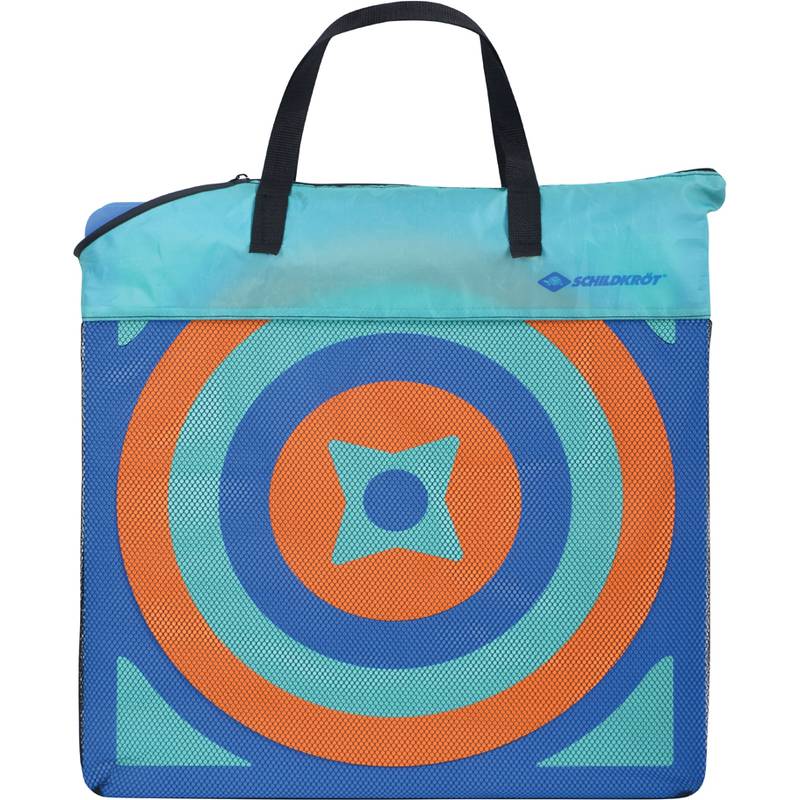 Ein blau-orangefarbenes Zieldesign ist auf einer Tasche mit Henkel gedruckt, wobei das Logo der 'Schildkröt' in der oberen rechten Ecke platziert ist.