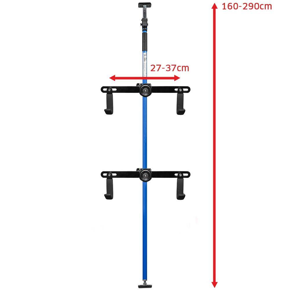 Verstellbarer Metallpfosten mit zwei Montagearmen, zeigt Breite 27-37 cm und Höhe 160-290 cm.