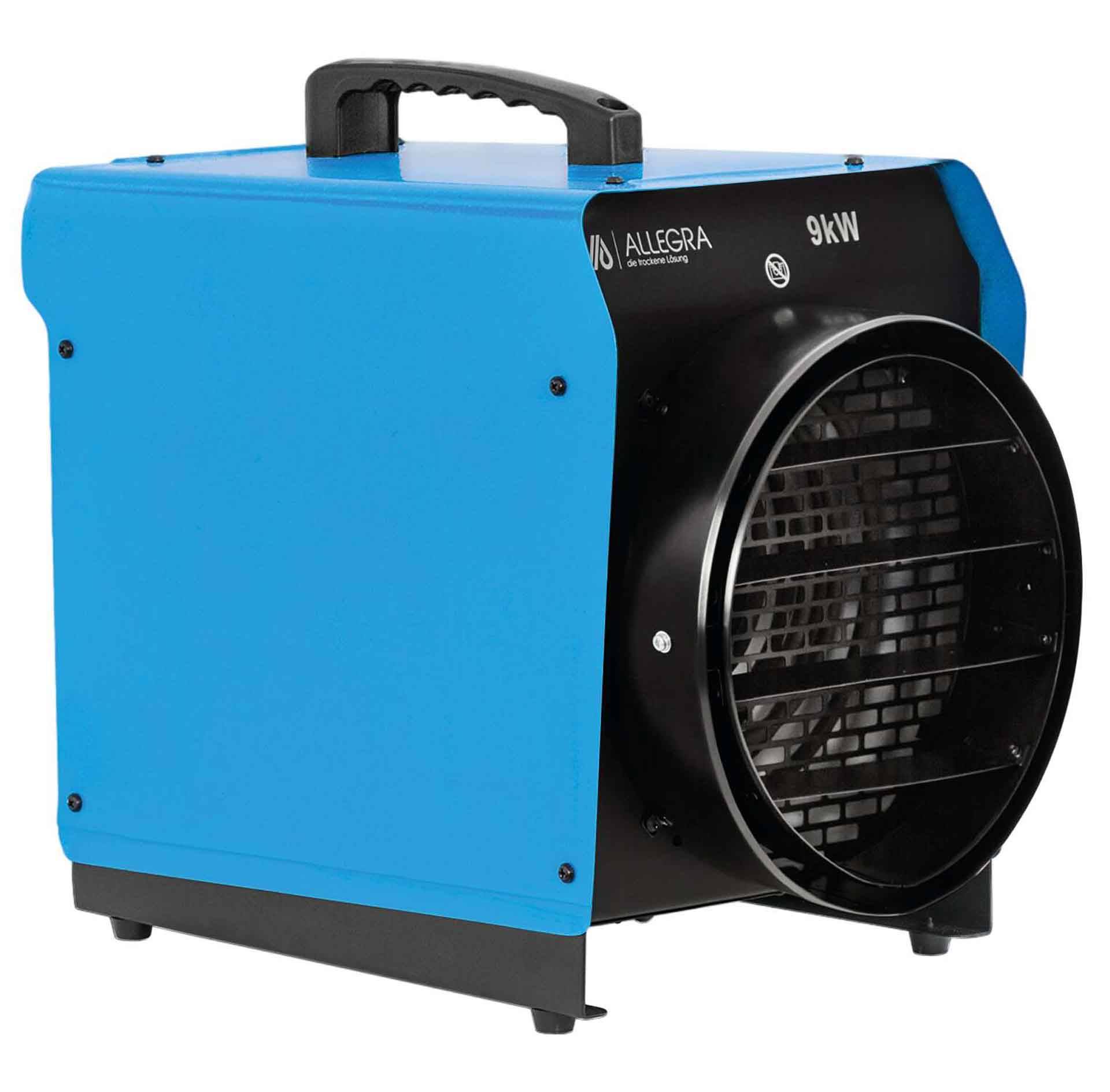 Blauer tragbarer elektrischer Heizer mit schwarzem Frontgitter und Griff, mit der Aufschrift 'ALLEGRA' und '9kW'.